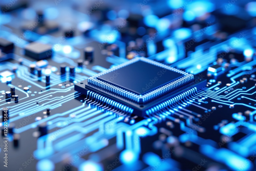 Aufkleber Close-up of microchip with neon circuit lines on a blurred background.