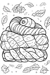 A curled up snail with a shell surrounded by falling leaves.