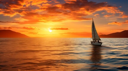 Breathtaking golden sunset over a serene calm ocean with a single sailboat silhouetted in the distance creating a peaceful picturesque seascape scene