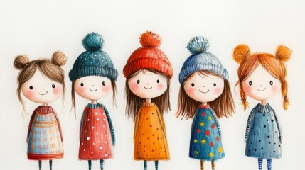 Playful hand-drawn children with unique outfits and exaggerated hairstyles in a simple colorful illustration. Generative AI