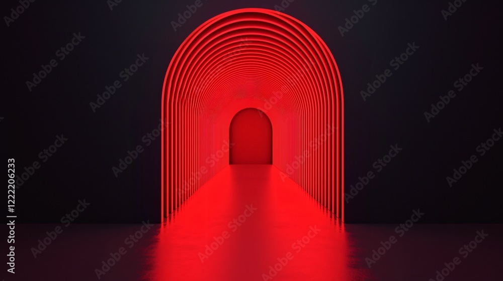 Poster abstract red archway tunnel glowing neon corridor modern architecture 3d render