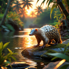 Obraz premium pangolin on its habitat, sunset, mountain, river, wildlife photography, Rare Animal, extinct animals