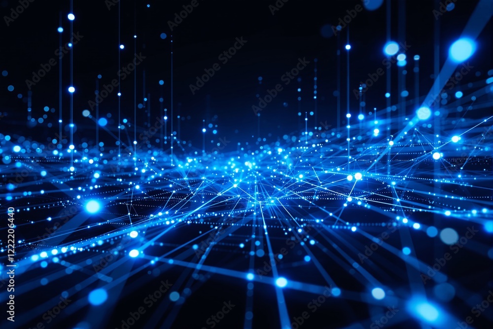 Poster Abstract glowing blue network of connected points and lines on a dark background.