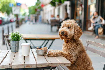 A fluffy golden doodle sits at an outdoor café table with its paws resting on the wooden surface. A cup of coffee and a bowl of dog treats add to the charming and pet-friendly city scene.  
