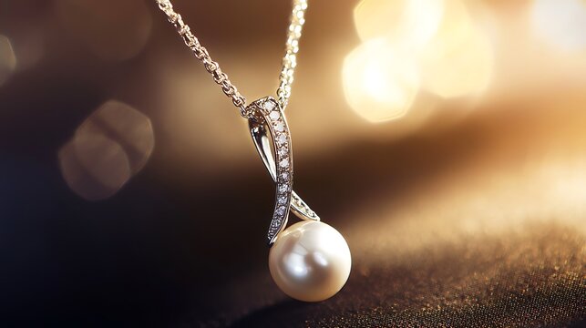 A pearl necklace with a diamond pendant is displayed on a black background