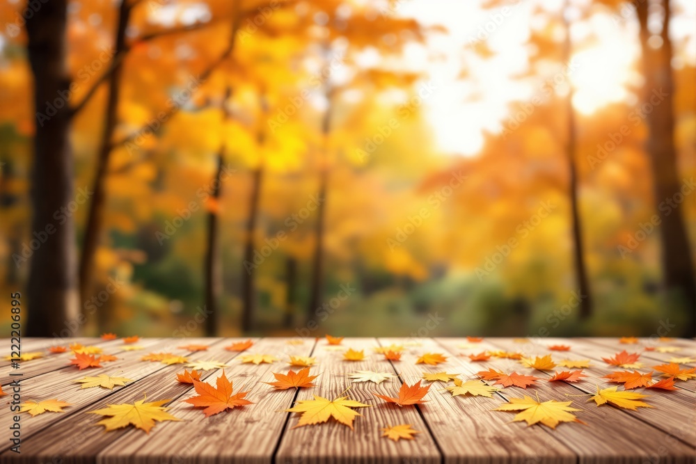 Poster Wooden table with scattered autumn leaves in a forest with blurred yellow-orange trees in the background.