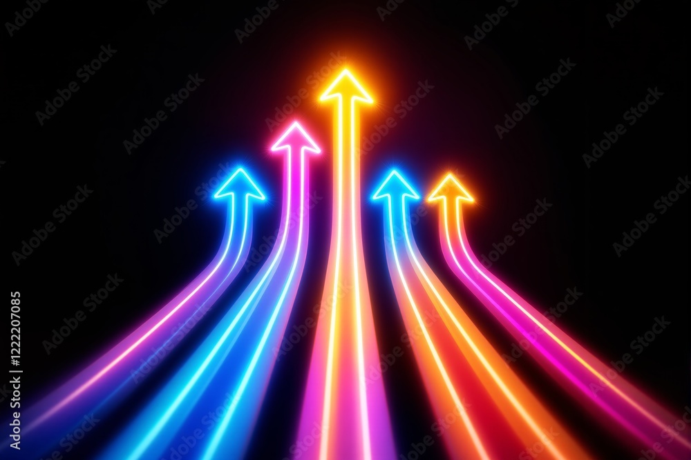 Poster neon glowing arrows pointing upward with vibrant colors on a black background.