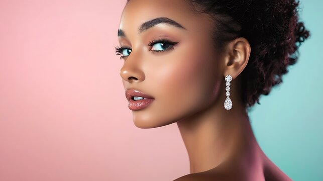 A woman with long dark hair and a blue eye is wearing a pair of diamond earrings