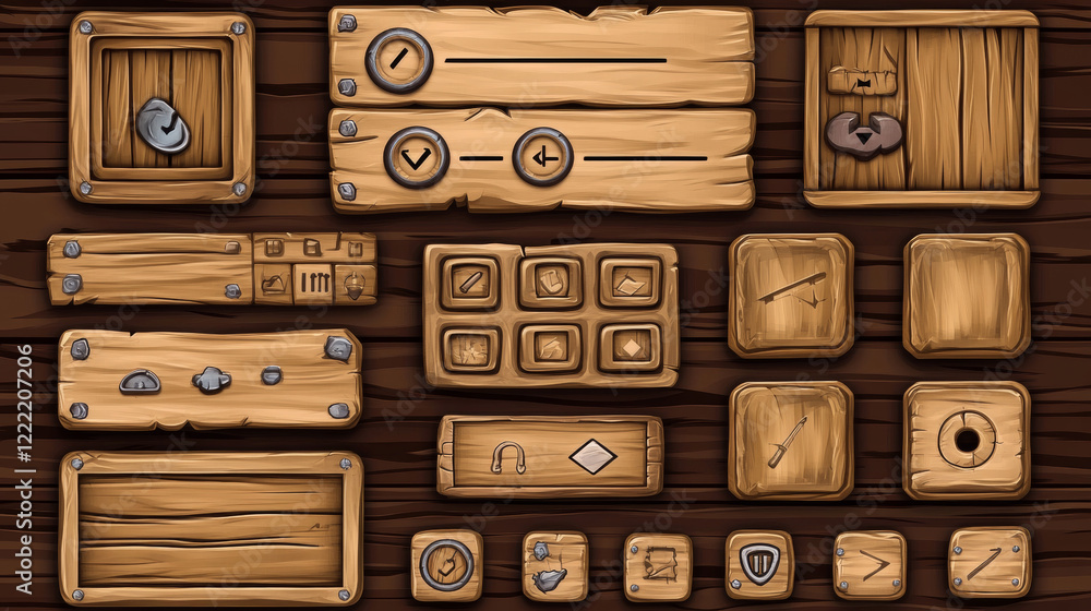 Poster set of wooden game ui board templates isolated on background. vector cartoon illustration of old woo