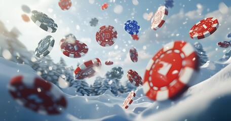 flying casino poker chips, on a snow background, generative ai