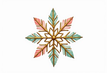 Obraz premium Watercolor Snowflake Clipart, Mint, Blush Pink, Gold, Isolated White, Simple Design, High Definition, Clean, Single Object, Winter Graphic, Festive Element, Pastel Colors 