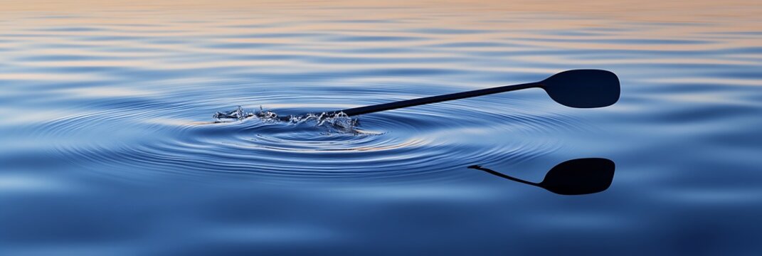 A rowing oar breaking the surface of calm water with ripples spreading outward - Powered by Adobe