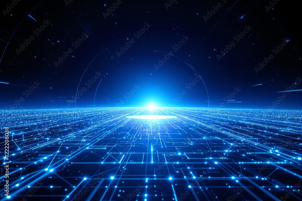Poster futuristic digital horizon with glowing blue grid and light burst in space.