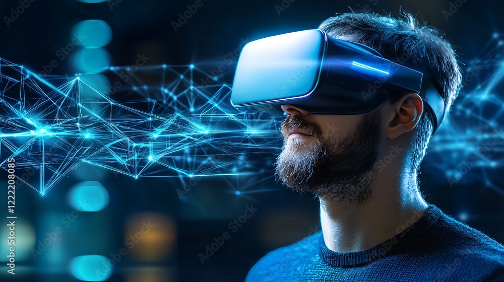 Poster man experiencing immersive virtual reality with futuristic network interface