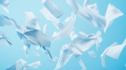 Flying white paper sheets from stack of documents. Vector realistic illustration of chaotic flight of blank note pages on wind on blue background. Office paperworks concept