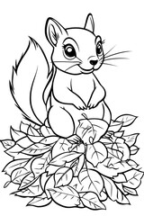 Obraz premium A cute cartoon squirrel sitting on a pile of leaves with a big bushy tail.