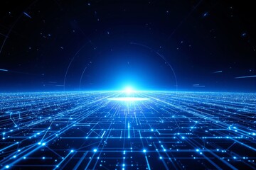 Futuristic digital horizon with glowing blue grid and light burst in space.