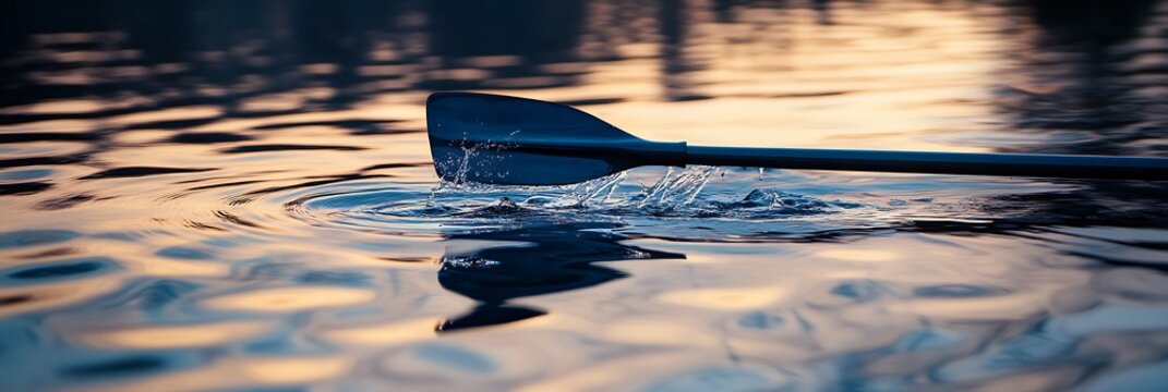 A rowing oar breaking the surface of calm water with ripples spreading outward