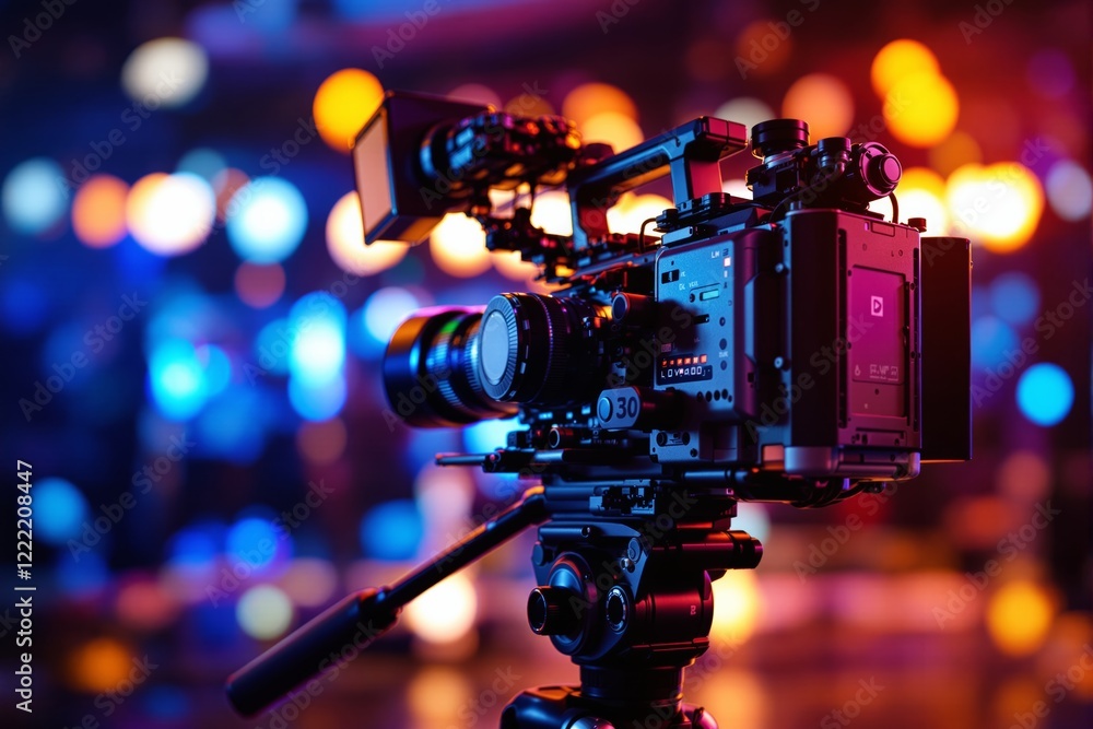 Aufkleber Professional video camera on tripod with colorful bokeh lights in background.