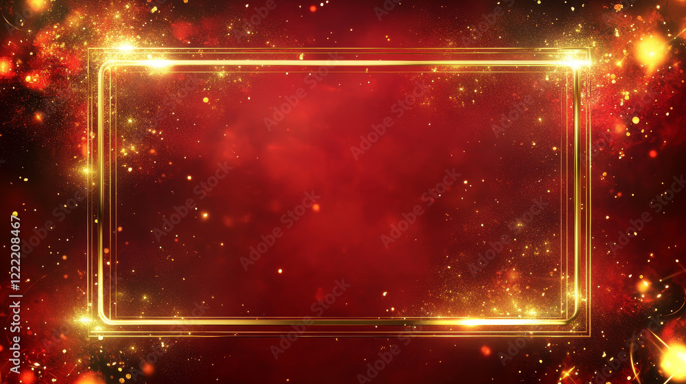 Poster sparkling golden frame isolated on red gradient background. vector realistic illustration of shiny r