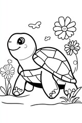 Obraz premium A cute cartoon turtle walking amongst flowers.