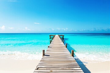 Fototapeta premium Wooden pier extending into turquoise ocean under clear blue sky.