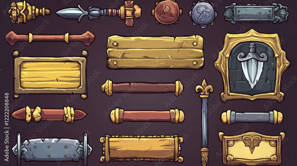 Poster medieval game menu frames, metal plaques ui elements. gold, silver and copper buttons, banners, empt