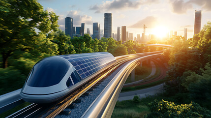 Fototapeta premium Innovative solar-powered rail systems transforming urban mobility in modern cities futuristic transport solutions eco-friendly infrastructure