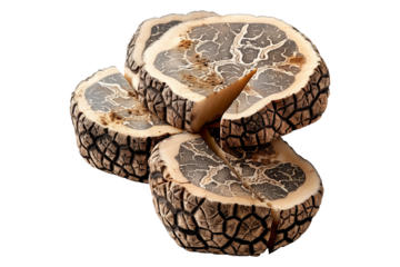 Fresh black Perigord truffles isolated on white transparent background, great for culinary and gourmet themes.