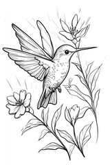 Obraz premium A detailed line art drawing of a hummingbird in flight, hovering over a blooming flower with outstretched wings.
