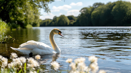Fototapeta premium swan gliding gracefully on tranquil river, surrounded by nature beauty