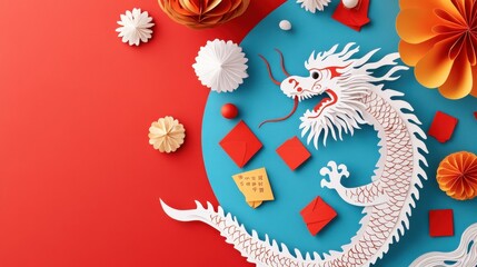 Obraz premium Colorful Dragon Paper Art with Red and Blue Background for Festive Celebrations or Cultural Events