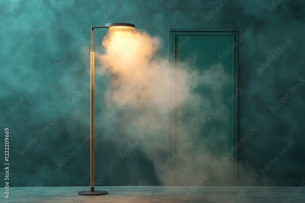 Poster lamp illuminating fog in a textured room with a green door.