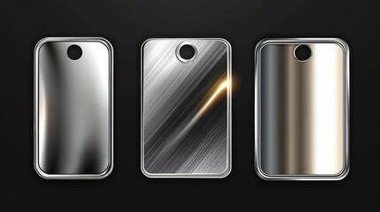 Set of steel tags with blank metal surface isolated on black background. Vector realistic illustration of silver or iron bolted plates, shiny button frames, nameplate badges with light reflection