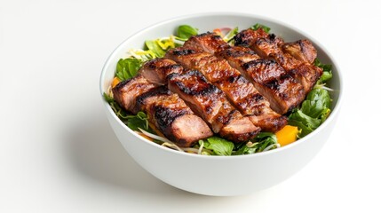 Fototapeta premium Grilled Pork Salad with Mango and Mixed Greens in a White Bowl