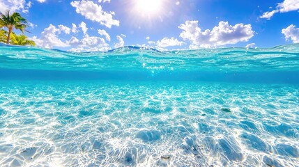 Tropical beach underwater scene, sunny sky, clear water, sandy bottom, vacation paradise