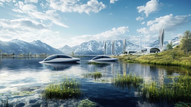 A serene lake with hydrogen boats and cars in the background, blending sustainability with nature