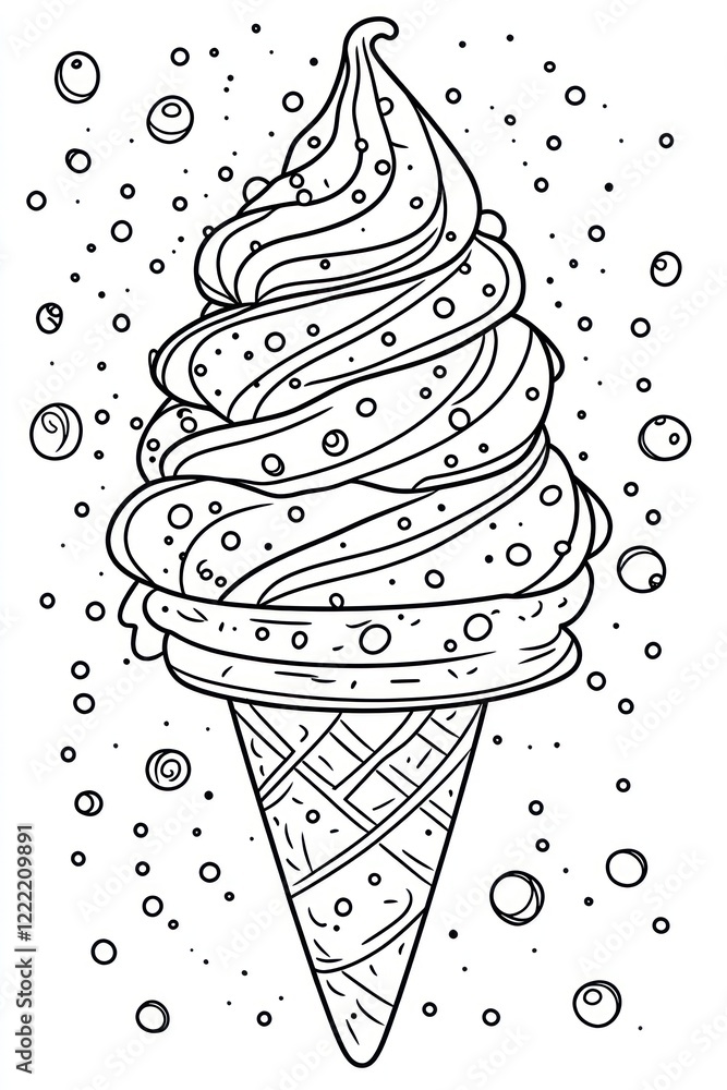 Poster a detailed line drawing of a swirl of ice cream in a cone with a sprinkle of bubbles surrounding it.