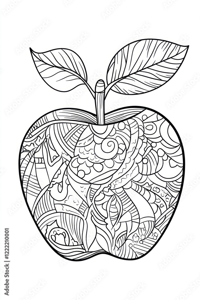 Poster a detailed line drawing of an apple with intricate patterns and two leaves.
