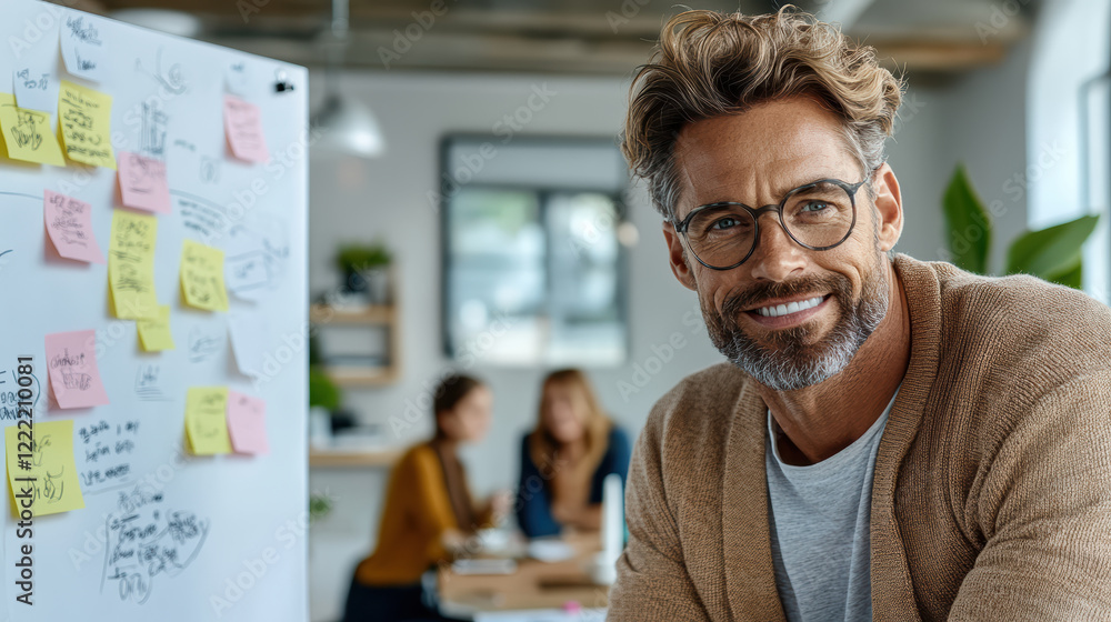 Poster creative brainstorming session with smiling man in office setting