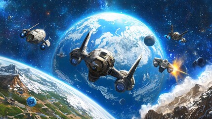 Naklejka premium Futuristic Spaceships Orbiting a Vibrant Earth like Planet in Space