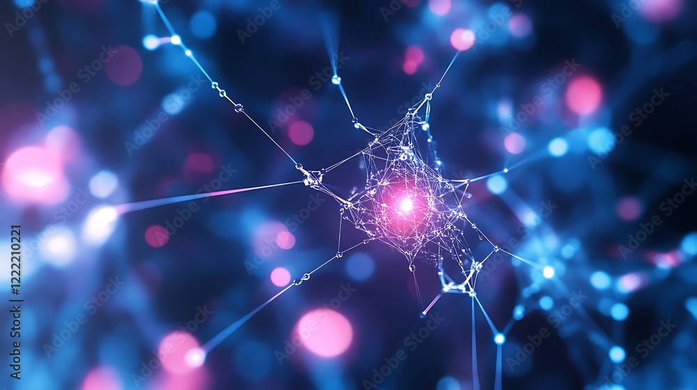 Poster futuristic abstract digital neural network with neon colored glowing nodes lines dots for modern sci