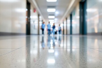 Blurred hospital hallway with polished floors and healthcare workers in the background.