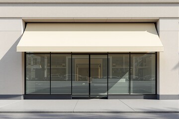 Front view of an empty storefront with beige awning and glass doors on a clean urban background.