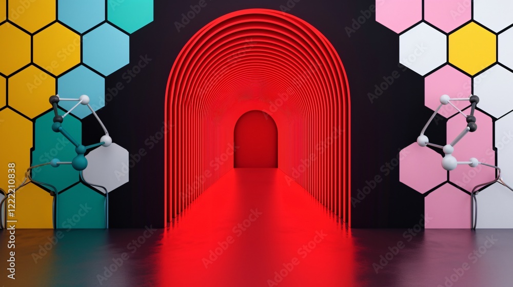Poster abstract red archway tunnel with geometric hexagon walls and molecular structures