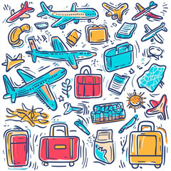 Travel-themed doodles with airline, luggage, and landmarks