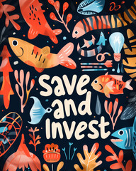 Colorful fish illustration with text "Save and Invest" on dark background