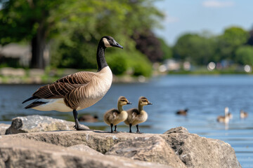 Fototapeta premium A proud Canada goose stands on a rocky shoreline with two fluffy goslings, gazing over a tranquil lake. The blue water and lush greenery in the background create a peaceful and natural setting. 