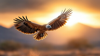 Obraz premium Majestic vulture soaring with wings spread wide against sunset backdrop