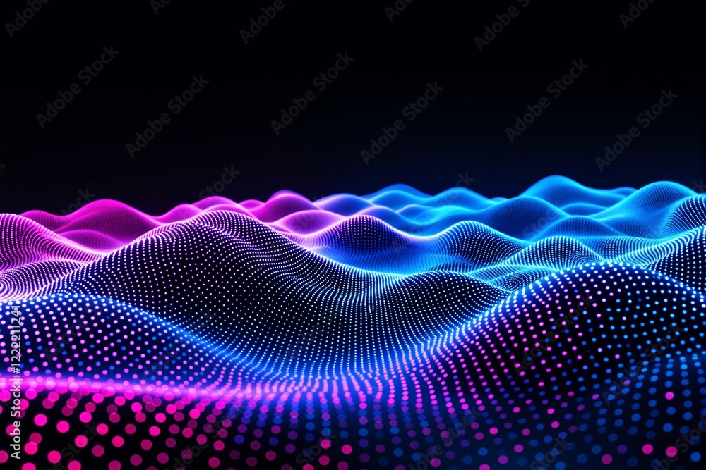 Poster abstract glowing wave pattern with pink and blue dots on dark background.